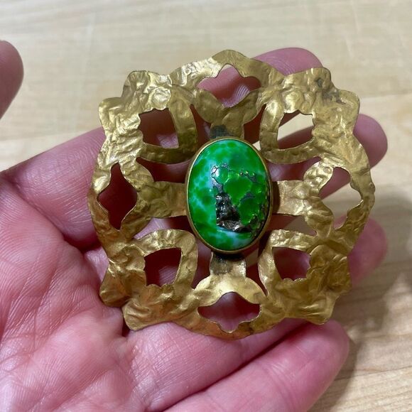Vintage Jewelry - Brutalist Brass and Green Cabochon Vintage Brooch